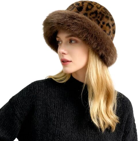 Faux Fur Fuzzy Bucket Hat for Women Winter Warm Fisherman Hats Leopard Printed Cap Furry Fluffy Hat for Outdoor in Saudi Arabia
