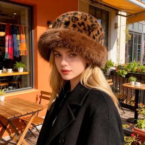 Faux Fur Fuzzy Bucket Hat for Women Winter Warm Fisherman Hats Leopard Printed Cap Furry Fluffy Hat for Outdoor in Saudi Arabia