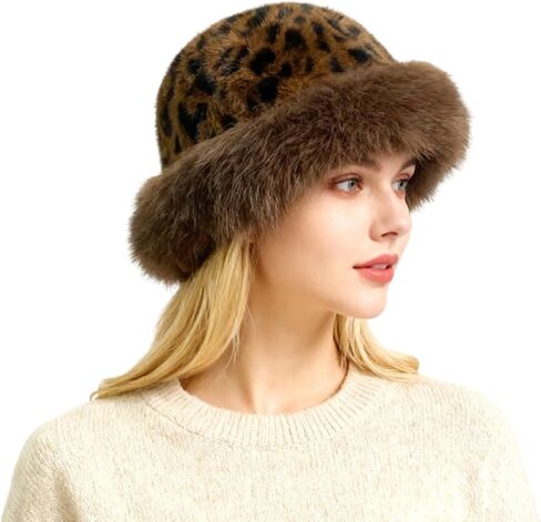 Faux Fur Fuzzy Bucket Hat for Women Winter Warm Fisherman Hats Leopard Printed Cap Furry Fluffy Hat for Outdoor in Saudi Arabia