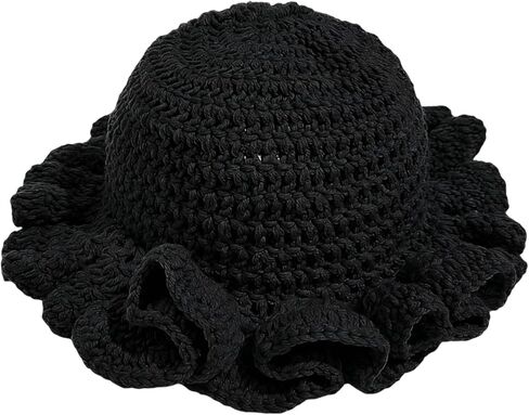 قبعة دلو كروشيه للنساء ذات حافة مكشكشة قابلة للطي قبعة شاطئ مرنة مصنوعة يدويًا قبعة صيد منسوجة in Kuwait