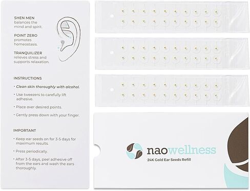 بذور الأذن الذهبية من NAO Wellness - حبات العلاج بالضغط الإبري للعناية الذاتية ببذور العلاج بالأبر مع أكثر من 10 حلول - 60 بذور الأذن الذهبية للوخز بالإبر - 5 أشهر من العرض in Kuwait