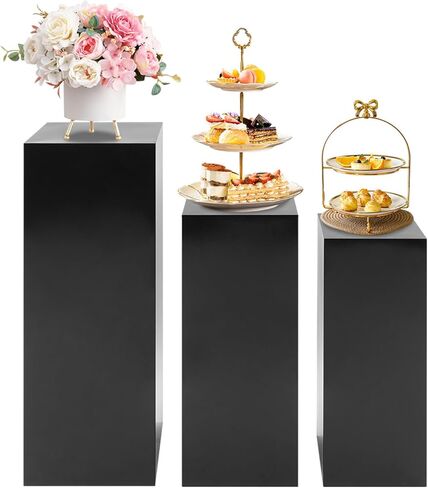 حوامل عرض معدنية سوداء، مجموعة مكونة من 3 قطع بتصميم مكعب حديث، أعمدة عرض قائمة بذاتها للحفلات وحفلات الزفاف والمعارض، ارتفاعات 31.5 بوصة و25.59 بوصة و23.62 بوصة in Kuwait