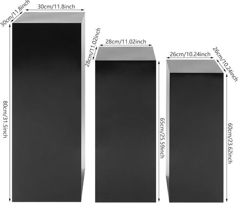 حوامل عرض معدنية سوداء، مجموعة مكونة من 3 قطع بتصميم مكعب حديث، أعمدة عرض قائمة بذاتها للحفلات وحفلات الزفاف والمعارض، ارتفاعات 31.5 بوصة و25.59 بوصة و23.62 بوصة in Kuwait