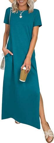 Womens Summer Maxi Dress Casual Short Sleeve Crewneck Split Dress Wrinkle-Free Beach Travel Vacation Long Sundress in Saudi Arabia