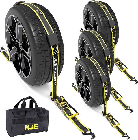 KJE Reflective Car Tie Down Straps for Trailers 4 Pack- Premium Tire Ratchet Strap with (3) J Hooks (3) Rubber Blocks - 2" x 10' 10,000LBS Break Strength - Wheel Straps for Hauling UTV, SUV, Any Cars in Saudi Arabia