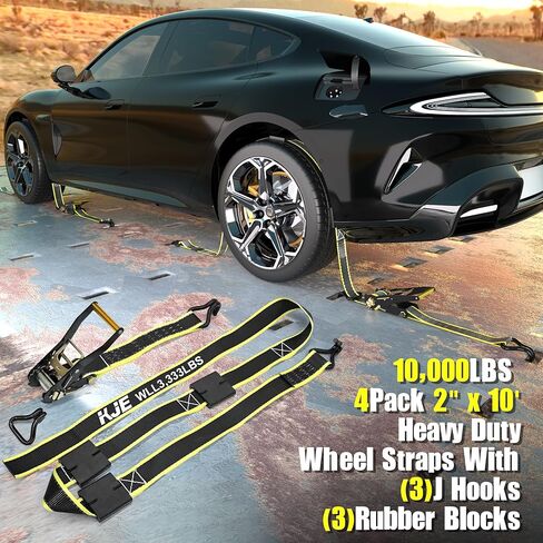 KJE Reflective Car Tie Down Straps for Trailers 4 Pack- Premium Tire Ratchet Strap with (3) J Hooks (3) Rubber Blocks - 2" x 10' 10,000LBS Break Strength - Wheel Straps for Hauling UTV, SUV, Any Cars in Saudi Arabia