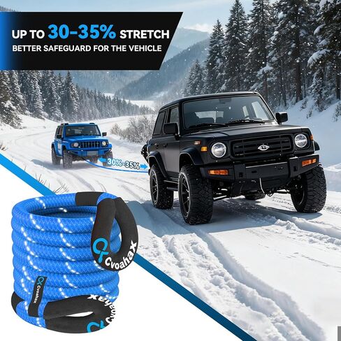 Kinetic Recovery Rope(Reflective), 1" x 30ft 48500Lbs, Kinetic Rope with 2 Soft Shackles, Heavy Duty Offroad Snatch Strap, 35% High Elasticity Tow Ropes for Trucks SUV UTV ATV Tractor, Blue in Kuwait