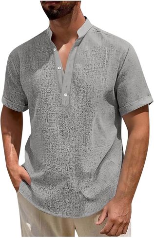 Hawaiian Shirt for Men Summe Short Sleeve Henley V Neck Beach Linen Shirts Button Up Cruise Tshirts Casual Boho Tops in Kuwait