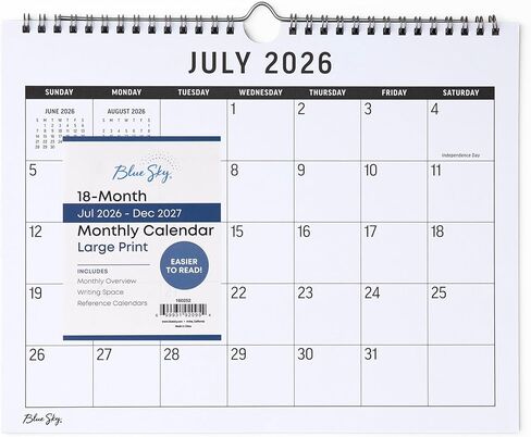 بلو سكاي 2026-2027 تقويم جداري شهري كبير مطبوع لمدة 18 شهرًا، يوليو 2026 - ديسمبر 2027، 11 بوصة × 8.75 بوصة، ربط سلكي مزدوج متين، مثالي للمنزل والمكتب والفصول الدراسية، فضي in Saudi Arabia
