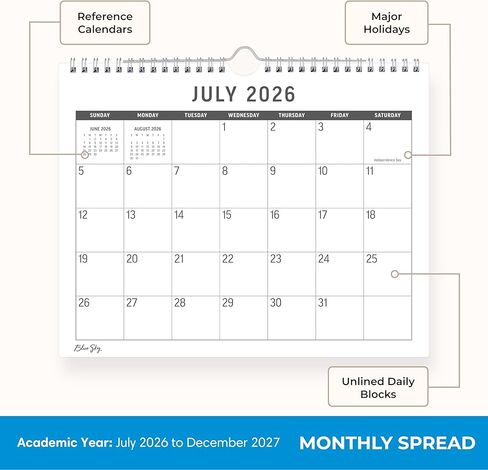 بلو سكاي 2026-2027 تقويم جداري شهري كبير مطبوع لمدة 18 شهرًا، يوليو 2026 - ديسمبر 2027، 11 بوصة × 8.75 بوصة، ربط سلكي مزدوج متين، مثالي للمنزل والمكتب والفصول الدراسية، فضي in Saudi Arabia