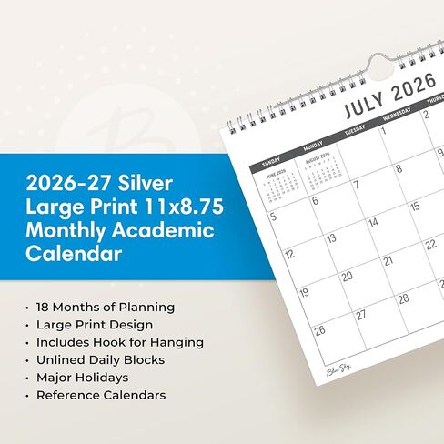 بلو سكاي 2026-2027 تقويم جداري شهري كبير مطبوع لمدة 18 شهرًا، يوليو 2026 - ديسمبر 2027، 11 بوصة × 8.75 بوصة، ربط سلكي مزدوج متين، مثالي للمنزل والمكتب والفصول الدراسية، فضي in Saudi Arabia