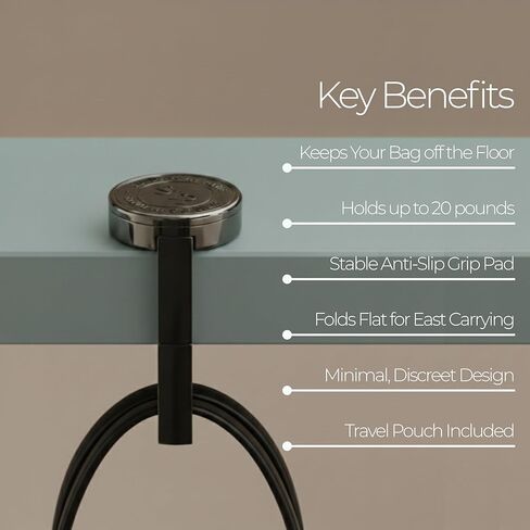 Bag Hanger | Foldable Purse Hook | Holds up to 20 lbs | Portable Handbag Hanger with Anti-Slip Back for Purses, Totes & Backpacks | Travel Pouch Included (Black) in Saudi Arabia