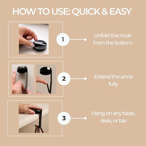 Bag Hanger | Foldable Purse Hook | Holds up to 20 lbs | Portable Handbag Hanger with Anti-Slip Back for Purses, Totes & Backpacks | Travel Pouch Included (Black) in Saudi Arabia