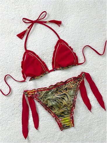 Women's Plus Size 2 Piece Bikini Sets Cheetah Ruffle Trim Halter Bras and Tie Side Thongs Cheeky Swimsuit Beachwear in Saudi Arabia