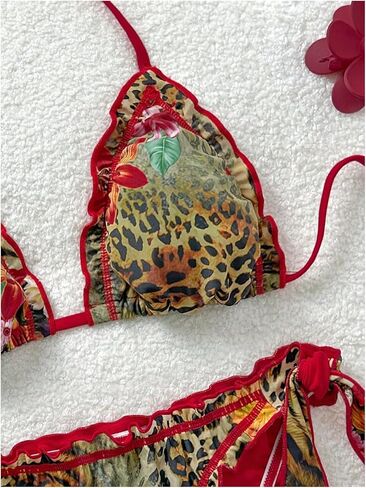 Women's Plus Size 2 Piece Bikini Sets Cheetah Ruffle Trim Halter Bras and Tie Side Thongs Cheeky Swimsuit Beachwear in Saudi Arabia