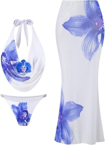 OYOANGLE Women's 3 Piece Swimsuits Floral Halter String Bikini Set with Long Beach Skirt Cover Up Beachwear in Saudi Arabia