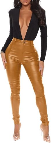HLSIN Womens Stretchy Jeggings, Faux Leather Legging Pants with Pockets in Saudi Arabia