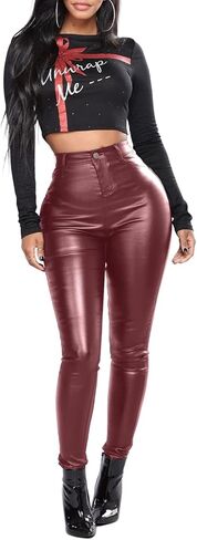 HLSIN Womens Stretchy Jeggings, Faux Leather Legging Pants with Pockets in Saudi Arabia