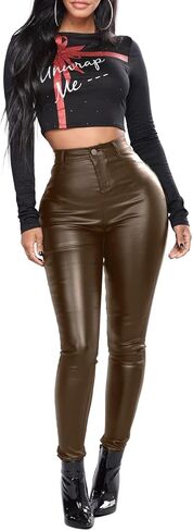 HLSIN Womens Stretchy Jeggings, Faux Leather Legging Pants with Pockets in Saudi Arabia