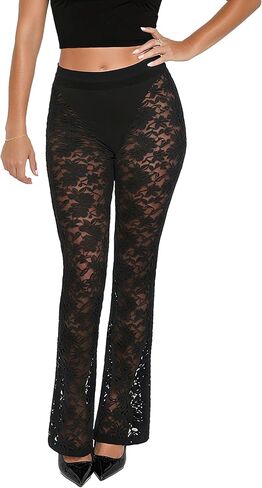 Lace Flare Pants for Women, See Through Mini Bell Bottom Black Sexy Sheer Leggings High Waisted Club Party Trousers in Saudi Arabia