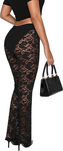 Lace Flare Pants for Women, See Through Mini Bell Bottom Black Sexy Sheer Leggings High Waisted Club Party Trousers in Saudi Arabia