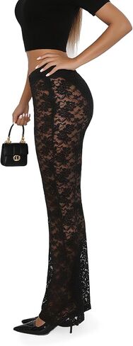 Lace Flare Pants for Women, See Through Mini Bell Bottom Black Sexy Sheer Leggings High Waisted Club Party Trousers in Saudi Arabia
