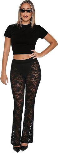 Lace Flare Pants for Women, See Through Mini Bell Bottom Black Sexy Sheer Leggings High Waisted Club Party Trousers in Saudi Arabia