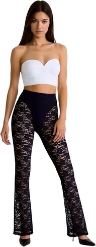 Lace Flare Pants for Women, See Through Mini Bell Bottom Black Sexy Sheer Leggings High Waisted Club Party Trousers in Saudi Arabia