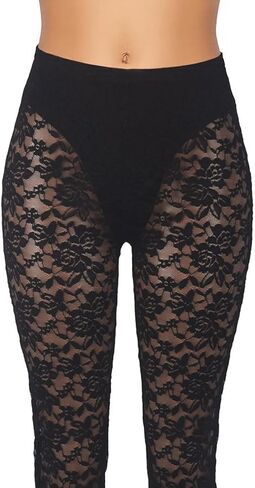Lace Flare Pants for Women, See Through Mini Bell Bottom Black Sexy Sheer Leggings High Waisted Club Party Trousers in Saudi Arabia
