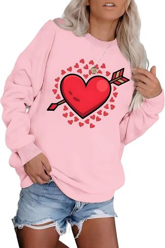 سويت شيرت Happy Valentine للنساء بأكمام طويلة وقمصان مطبوعة برسومات الحب للسيدات ملابس ربيعية فضفاضة غير رسمية in Saudi Arabia