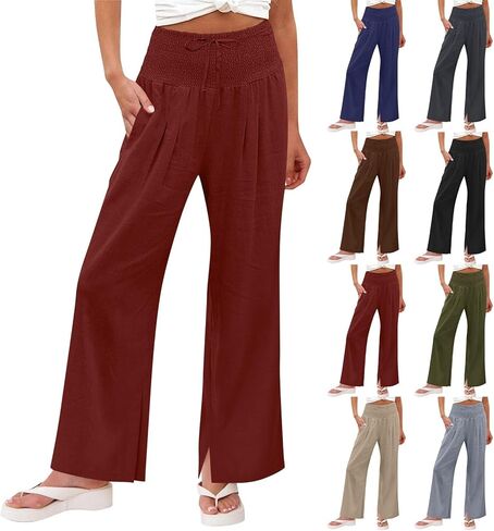 سراويل نسائية من الكتان بأرجل واسعة وخصر عالي، سراويل Palazzo Pant عصرية للصيف بوهو كاجوال برباط على الشاطئ in Kuwait