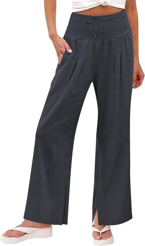 سراويل نسائية من الكتان بأرجل واسعة وخصر عالي، سراويل Palazzo Pant عصرية للصيف بوهو كاجوال برباط على الشاطئ in Kuwait