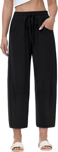 Womens Cropped Pants High Waisted Wide Leg Capri Pants Drawstring Casual Barrel Trousers with Pockets in Saudi Arabia