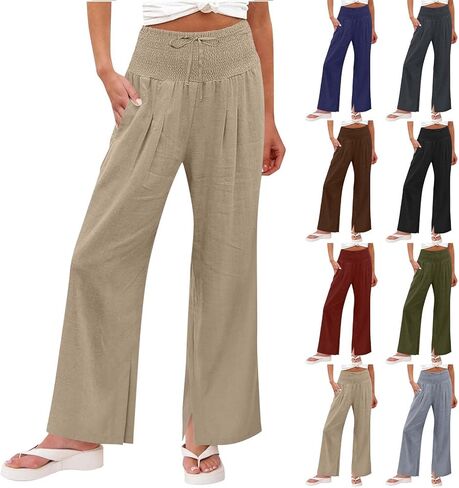 Womens Linen Pants Wide Leg High Waisted Palazzo Pant Fashion Summer Boho Casual Drawstring Beach Lounge Trousers in Saudi Arabia