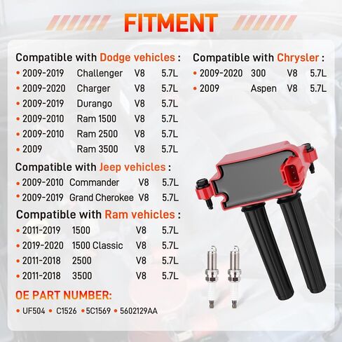 Set of 8 Ignition Coil Pack 16 Iridium Spark Plug Compatible with Jeep Ram Dodge Chrysler Commander Grand Cherokee Challenger Charger Durango 1500 2500 V8 5.7L Replace#UF504 56029129AA C1526 （RED） in Saudi Arabia