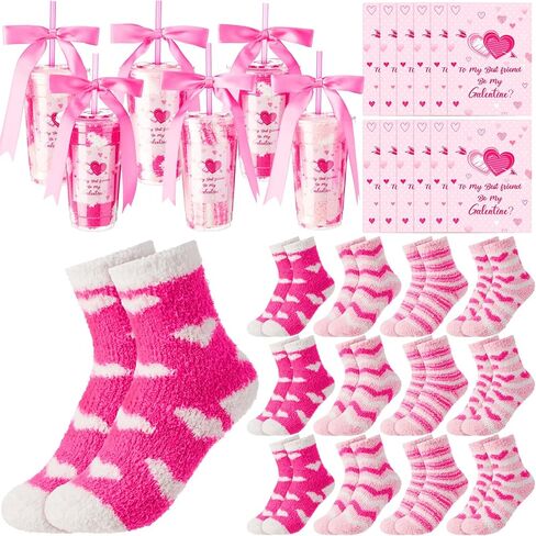 48 Pcs Galentine's Day Fuzzy Socks Gifts for Women with Heart Pink Cups Greeting Cards Ribbon DIY Present Novelty Gift Cute Cupcake Socks for Valentine's Day Party Supplies Birthday in Saudi Arabia