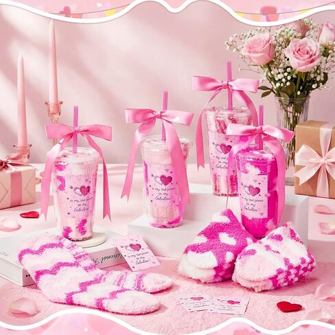 48 Pcs Galentine's Day Fuzzy Socks Gifts for Women with Heart Pink Cups Greeting Cards Ribbon DIY Present Novelty Gift Cute Cupcake Socks for Valentine's Day Party Supplies Birthday in Saudi Arabia