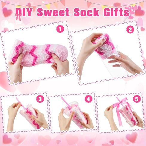 48 Pcs Galentine's Day Fuzzy Socks Gifts for Women with Heart Pink Cups Greeting Cards Ribbon DIY Present Novelty Gift Cute Cupcake Socks for Valentine's Day Party Supplies Birthday in Saudi Arabia