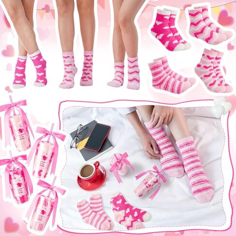 48 Pcs Galentine's Day Fuzzy Socks Gifts for Women with Heart Pink Cups Greeting Cards Ribbon DIY Present Novelty Gift Cute Cupcake Socks for Valentine's Day Party Supplies Birthday in Saudi Arabia