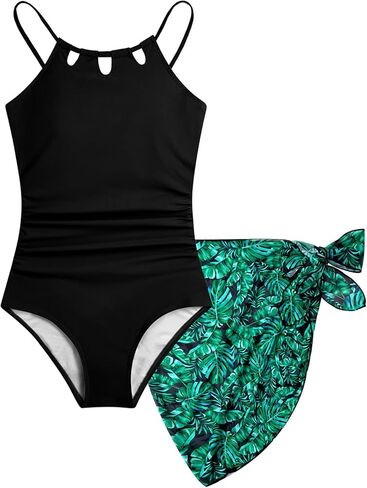 HOZIY Girls Swimsiut One-Piece Bathing Suit with Mesh Cover Ups Skirt Adjustable Straps Cut Out Swimwear Size 7-16 in Kuwait