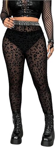 SHENHE Women's Plus Size Leopard Print Mesh Sheer Leggings High Waist Skinny Party Club Pants in Saudi Arabia