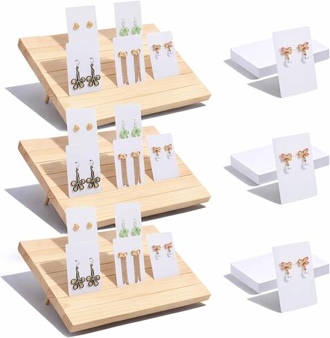 مجموعة حامل عرض أقراط خشبية مكونة من 93 قطعة - 3 حوامل مع 90 بطاقة وقضبان دعم لبيع المجوهرات وعرض الصور in Kuwait