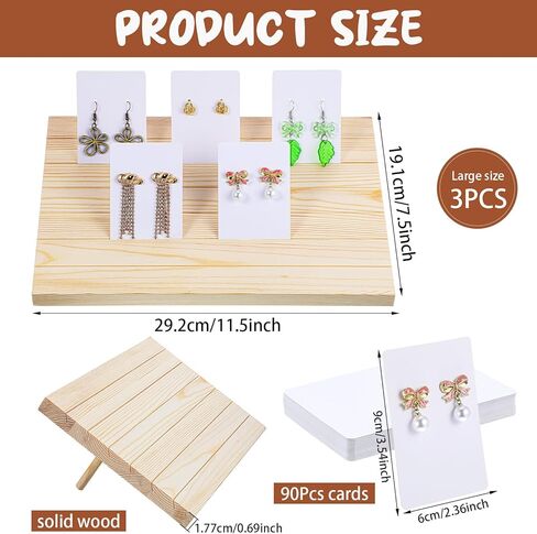 مجموعة حامل عرض أقراط خشبية مكونة من 93 قطعة - 3 حوامل مع 90 بطاقة وقضبان دعم لبيع المجوهرات وعرض الصور in Kuwait