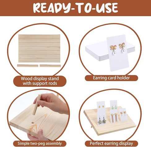 مجموعة حامل عرض أقراط خشبية مكونة من 93 قطعة - 3 حوامل مع 90 بطاقة وقضبان دعم لبيع المجوهرات وعرض الصور in Kuwait