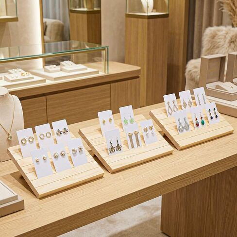 مجموعة حامل عرض أقراط خشبية مكونة من 93 قطعة - 3 حوامل مع 90 بطاقة وقضبان دعم لبيع المجوهرات وعرض الصور in Kuwait