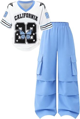 Tween Girls Clothes Short Sleeve Graphic T-Shirt Top + Cargo Pants 2pcs Outfit Set, Size 7-15Years in Saudi Arabia