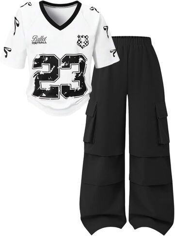 Tween Girls Clothes Short Sleeve Graphic T-Shirt Top + Cargo Pants 2pcs Outfit Set, Size 7-15Years in Saudi Arabia