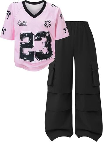 Tween Girls Clothes Short Sleeve Graphic T-Shirt Top + Cargo Pants 2pcs Outfit Set, Size 7-15Years in Saudi Arabia