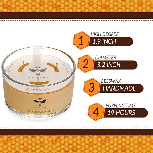 DEYBBY Large Beeswax Jar Candle - 3 Wick Beeswax Candle Gift - Handpour Candle with Natural Honey Scent, 22 Hours Burning in Saudi Arabia