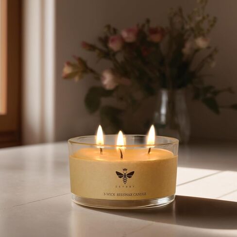 DEYBBY Large Beeswax Jar Candle - 3 Wick Beeswax Candle Gift - Handpour Candle with Natural Honey Scent, 22 Hours Burning in Saudi Arabia